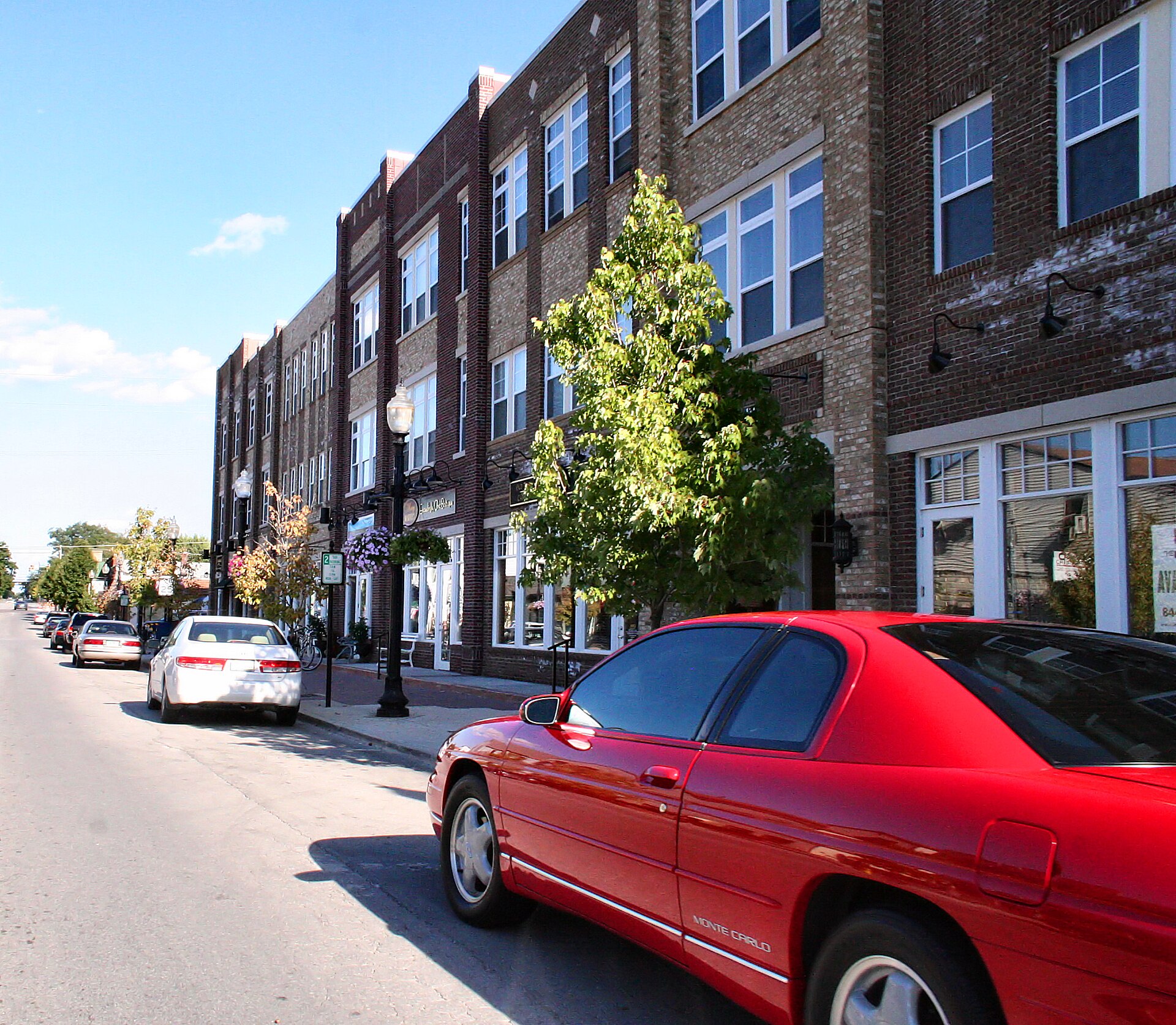 Brick storefronts in downtown Carmel, Indiana