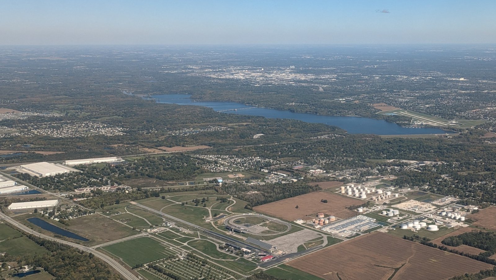 Aerial view of Lucas Oil Raceway, homes and farmland around Clermont, Indiana